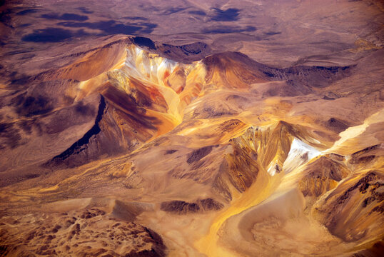 Bolivia, Inland, elevated view of isolated eroded rock formation
