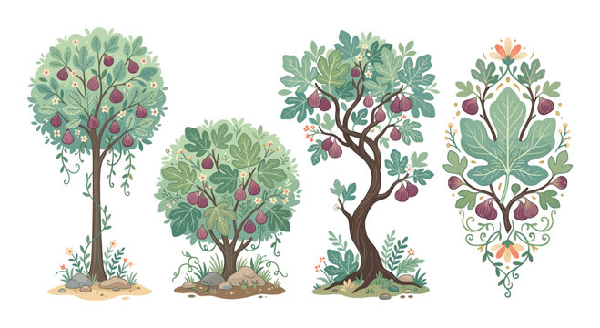 Botanical set of fig tree illustrations with leaves and purple fruit
