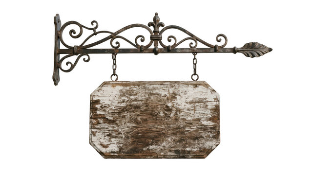 Vintage rustic wooden sign hanging on an ornate wrought iron bracket isolated on transparent background