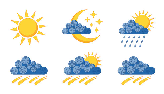 Weather Forecast Icons: A set of graphic illustrations depicting various weather conditions. Sunny day, cloudy night, rainy weather, sunny and rainy, stormy sky.