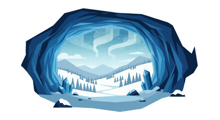 View of snowy mountain valley through an arctic ice cave © alfi
