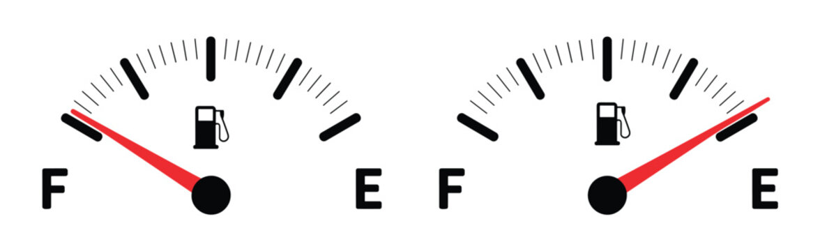 Fuel Gauge Comparison: Two fuel gauges showing empty and full tanks. Low fuel warning, car dashboard, gas level indicator.