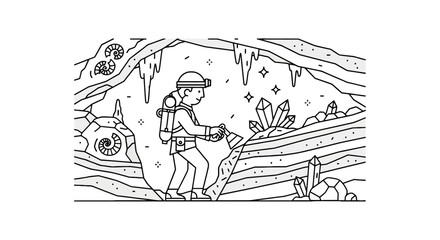 Geologist exploring underground cave with crystals and fossils © alfi