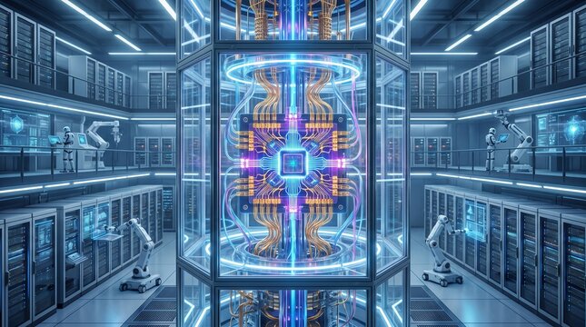 Futuristic quantum processor core in a high tech data center with robots