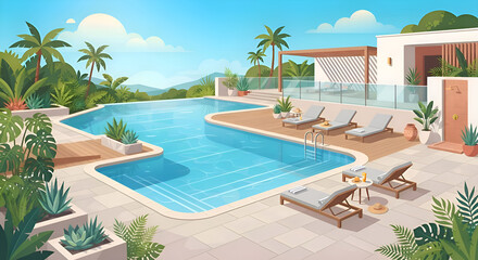 Fototapeta premium Luxurious modern villa with swimming pool, poolside lounge deck, and lush tropical garden, sunny summer vacation resort architecture