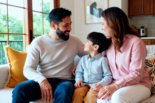 Caucasian parents and young son sitting together, smiling and bonding at home, showing family connection and parenting support. Ideal for family lifestyle, home insurance, parenting campaigns