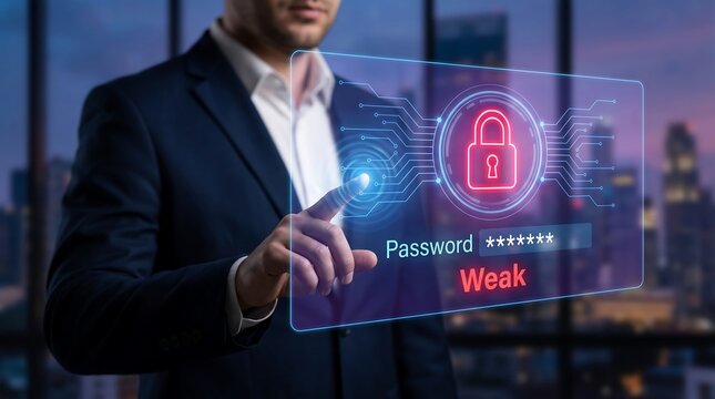 Close up of business person hand touching holographic interface displaying security login screen with weak password notification and glowing digital lock icon