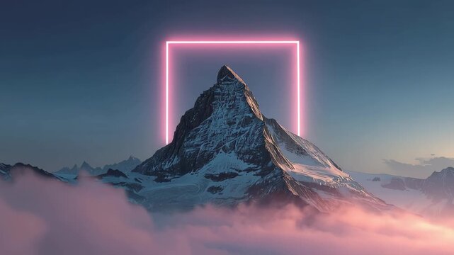 Majestic mountain peak framed by neon pink square amidst ethereal clouds at twilight