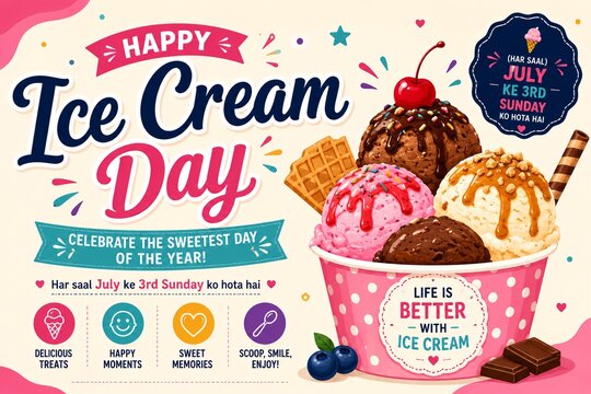 Happy Ice Cream Day celebration with colorful dessert cups. Festive summer treat with toppings and waffle cones for national food holiday.