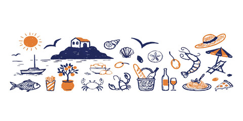 Naklejka premium Hand drawn summer vacation icons set with beach elements food travel items and sea life sketches