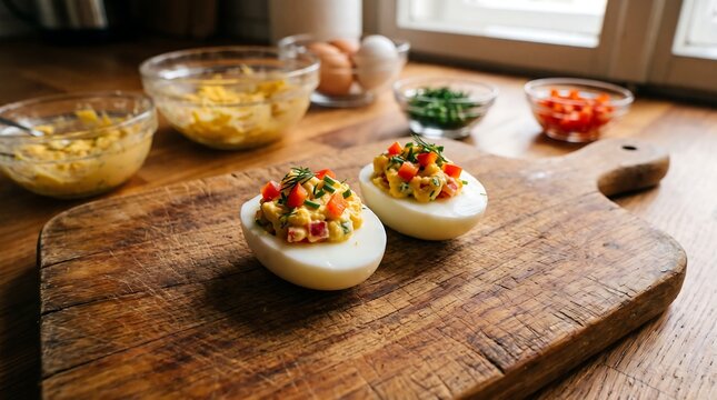 Two delicious deviled eggs topped with red bell pepper and chives sitting on rustic wooden cutting board in bright home kitchen setting with ingredients in background