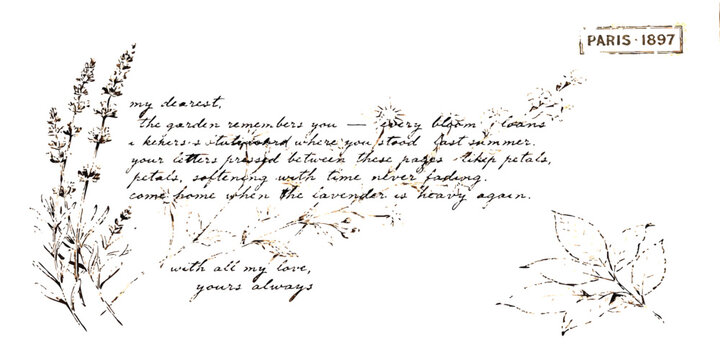 Vintage handwritten love letter from paris 1897 with ink lavender flower illustrations and cursive script
