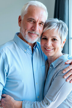 Portrait of Caucasian senior couple embracing and smiling at camera, expressing lasting relationship and retirement lifestyle. Ideal for senior care, insurance, wellness, family planning