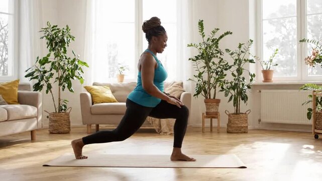 Fitness woman performs home workout in living room surrounded by plants