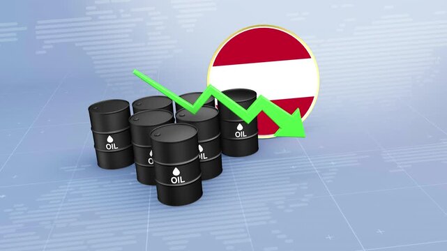 Austria Crude Oil Price Decline with Oil Barrels and Downward Green Arrow