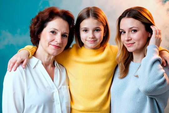 Portrait of Caucasian middle aged woman, girl, young adult woman embracing and looking at camera, showing family bond and generations. Ideal for parenting, family support, care campaigns
