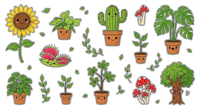 Colorful cartoon plants and mushrooms set