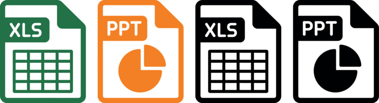 Flat icons set of excel and powerpoint files with grid and chart designs