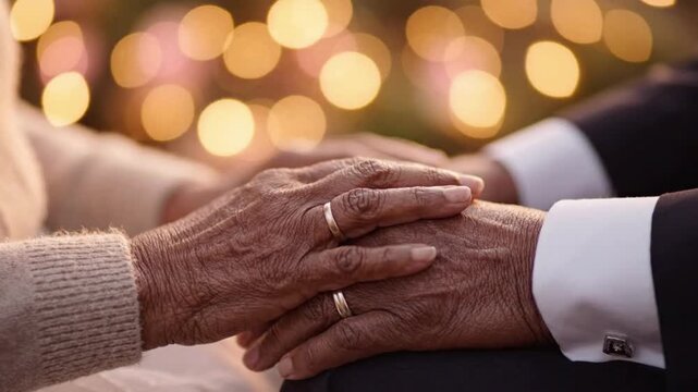 Hands joined together on a blurred background with warm lights in a cozy setting