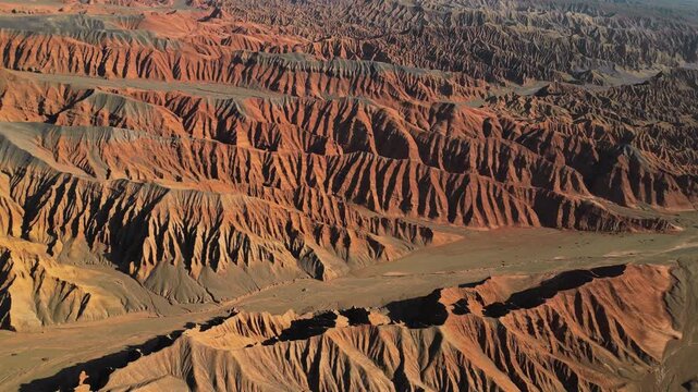 Aerial view of the Flaming Mountains in Turpan, western China or Xinjiang. The silk road.