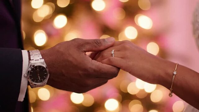 Close up of hands joining together with bokeh lights in the background during a celebration