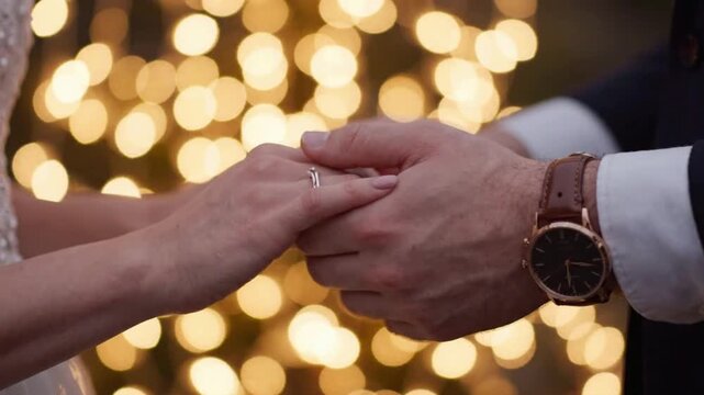 Hands coming together with bokeh lights in background during special moment at an outdoor setting