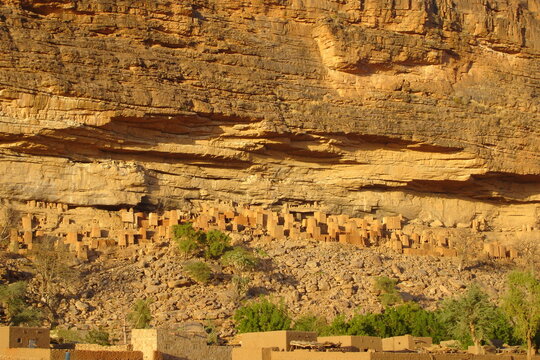 Traditional Tellem (malian pygmees) houses on the Bandiagara cliff