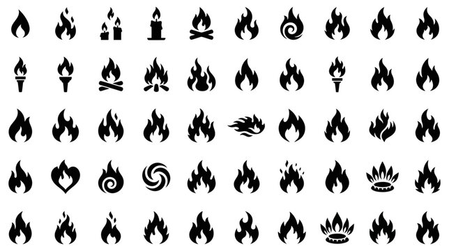 Collection of black fire flame silhouettes depicting various shapes and styles on a clean white background for design projects