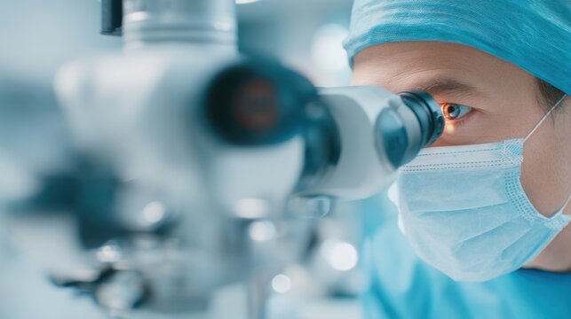 Ophthalmic surgeon using a surgical microscope for eye surgery and precision treatment for medical education, clinic poster and healthcare design background use