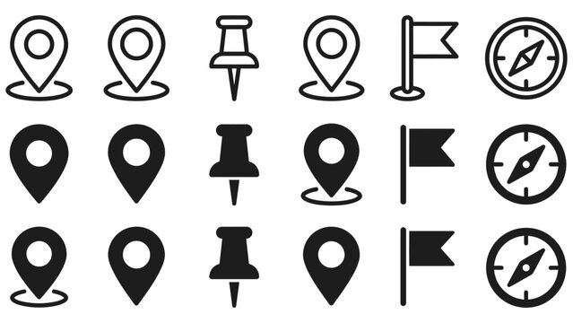 Black and white icons of map markers and navigation symbols on white background