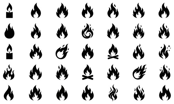 Collection of black fire flame silhouettes and a single candle icon on a white background for design and thematic projects