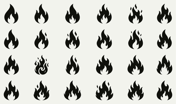 Collection of black fire flame silhouettes arranged in a grid on a light gray background representing heat and combustion
