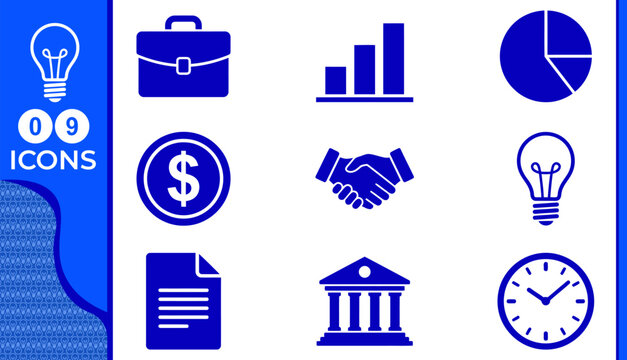 Collection of blue flat icons representing business finance ideas and time management on a white background