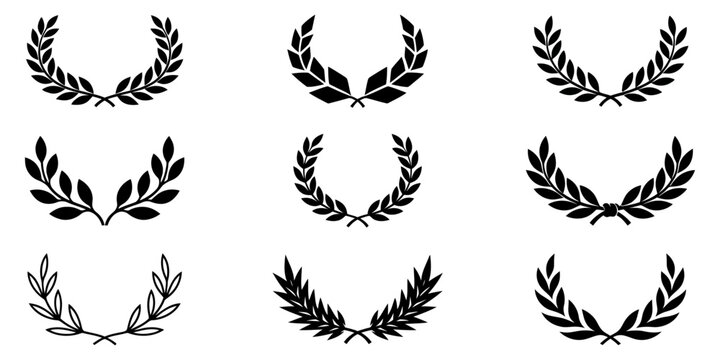 Collection of black laurel wreaths and branches on a white background representing victory achievement and classic design elements
