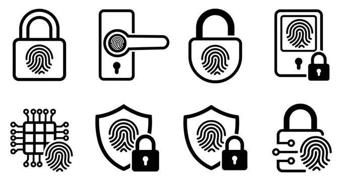Collection of black flat icons representing security fingerprint scanning padlocks and digital protection on a white background