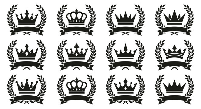Eight black silhouettes of crowns encircled by laurel wreaths with ribbons on a white background regal heraldry emblems for design