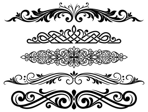 Elegant black floral ornaments and decorative swirls on a white background create a vintage frame for invitations and graphic design projects