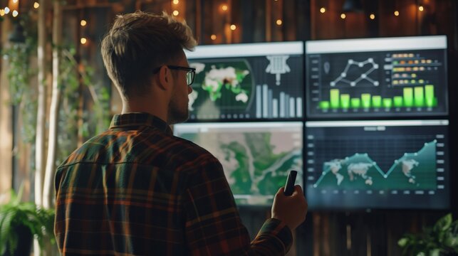 Person reviews sustainability analytics on glowing dashboard screen with world map and charts, illustrating eco friendly monitoring and environmental insight.