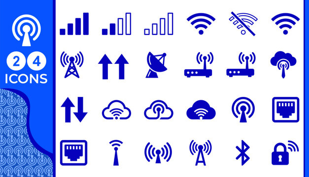 Collection of blue and white flat icons representing wireless technology network connectivity and communication on a vibrant blue background