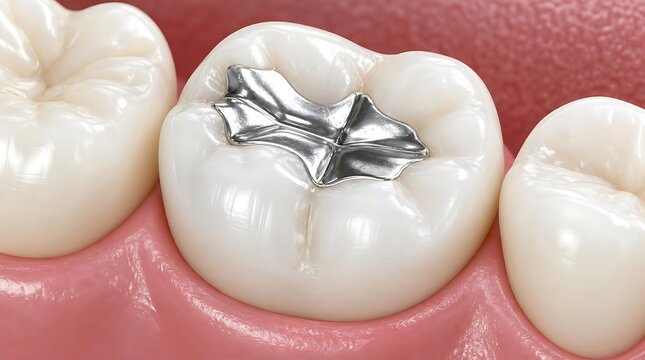 Close-up of a molar tooth with a silver filling dental care dental work
