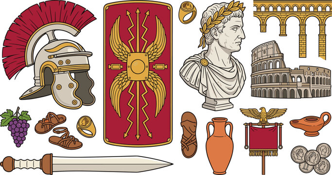 Ancient Roman Legion and Imperial Elements Collection Featuring Centurion Helmet, Scutum Shield, Caesar Bust, Colosseum, Eagle Standard, and Classical Heritage Vector Set