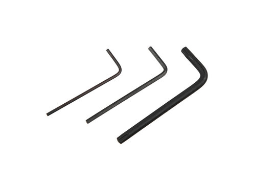Three black hex and torx L-keys in different sizes isolated on a white back