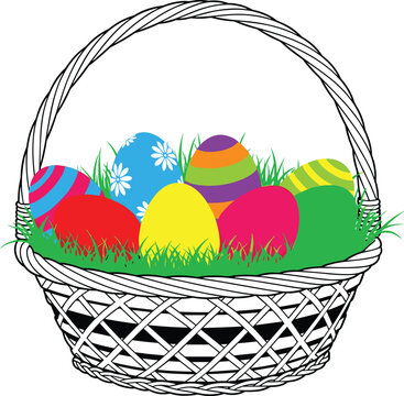 Colorful Easter eggs in wicker basket vector illustration, festive holiday celebration element with green grass, seasonal tradition, spring, egg, holiday, basket.