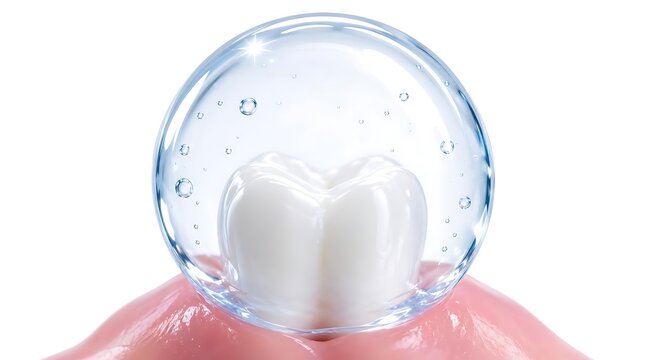 Close-up of a single tooth inside a clear bubblegum bubble with bubblegum