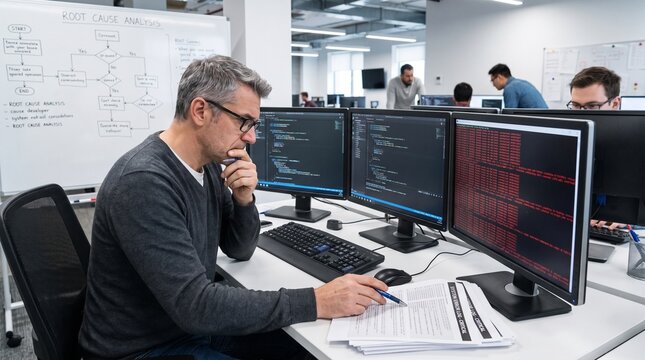 Professional Programmer Analyzing System Error While Improving Application Stability and Software Reliability With Careful Technical Problem Solving Techniques