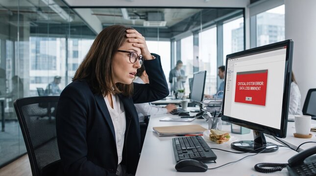 Corporate Employee Facing Unexpected System Error While Completing Important Office Responsibilities Inside a Modern Professional Business Environment During Work
