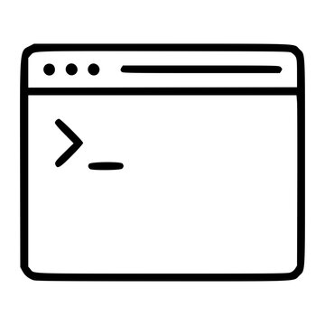 Clean hand-drawn minimalist vector icon illustration of a computer terminal window with command prompt in simple line outline style suitable for scalable technology and programming design assets