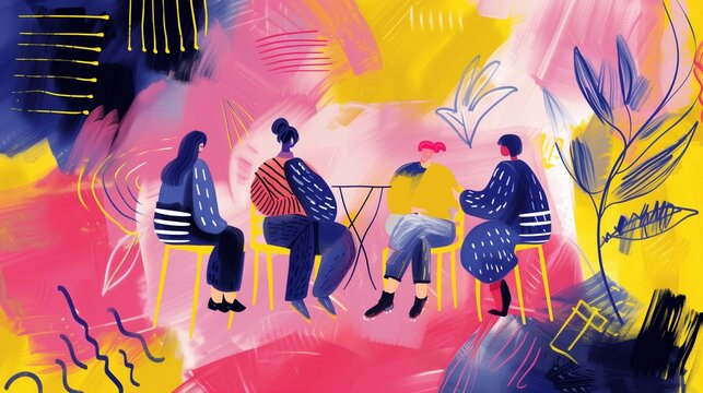 Four diverse individuals sit around a small table in an abstract scene, symbolizing corporate inclusion, multicultural teamwork, and shared ideas.