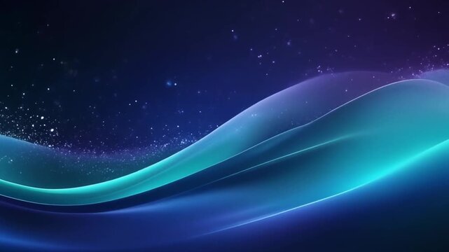 Midnight navy, sapphire and turquoise gradients flow across reflective surface with luminous particles, creating luxury fintech, innovation and technology background with copy space.
