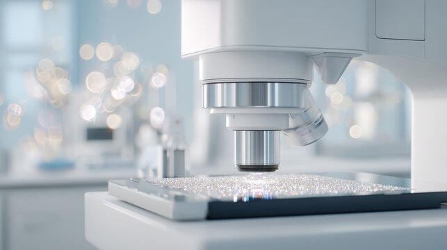 Microscope objective high magnification inspecting crystalline sample for materials research and laboratory background design for scientific presentation